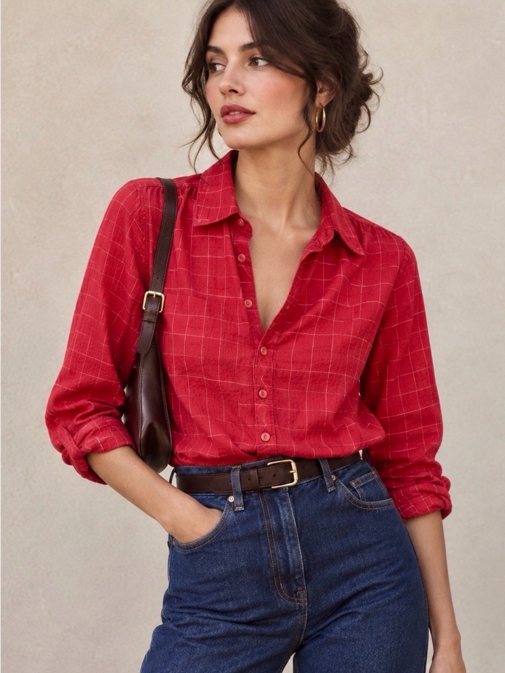 Vintage Sweet Baby Jane Red Button-Down Shirt with Signature Peter Pan Collar